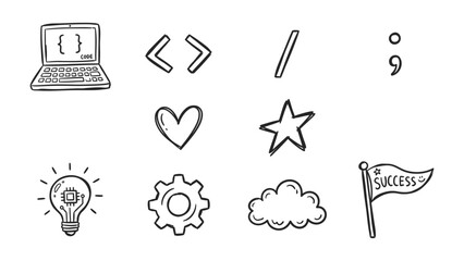 Fototapeta premium Code of Innovation: An assortment of line art representing the world of computer science, illustrating the tools and symbols that drive innovation and progress.
