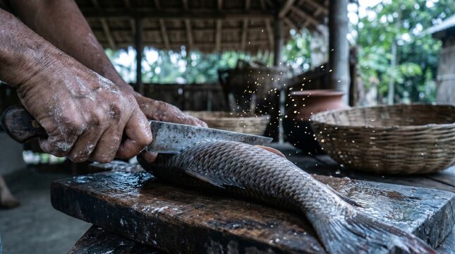 Scaling Fresh Rohu Fish (Labeo rohita) in Rural Bangladesh Kitchen | Traditional Carp Preparation on Wooden Block