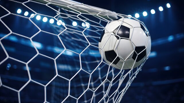 Soccer ball flying into goal net during nighttime stadium event