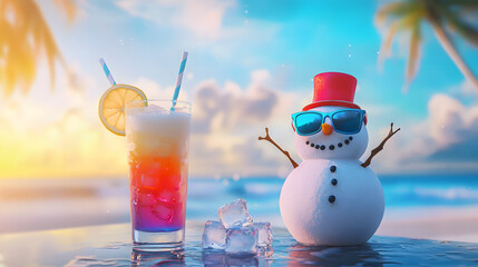 A delicious tropical cocktail next to a snowman on a tropical beach