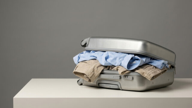 Messy travel luggage suitcase clothing overpacked baggage packing stress. Messy travel luggage packing suitcase baggage journey trip clothes vacation preparation