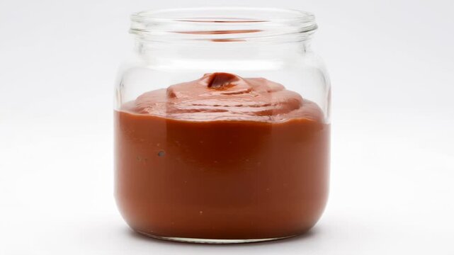 Korean gochujang seasoning filling a clear glass jar. The rich red paste slowly settles within the container.