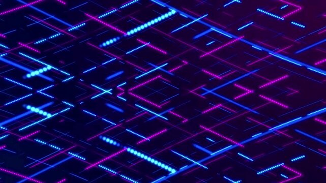 Isometric dotted neon lines moving across a dark digital background.