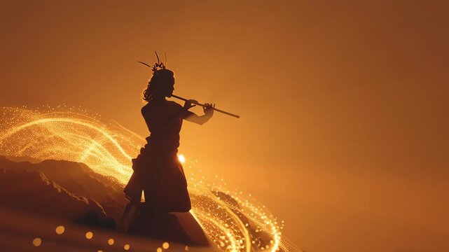 Silhouette of Lord Krishna Playing Flute with Magical Golden Light Effects