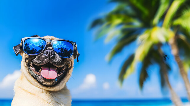 A smiling pug wearing glasses stands in front of palm trees on a tropical beach on a sunny summer day