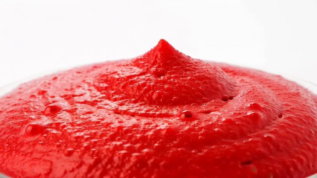 Vibrant gochujang paste slowly settling on a white background.