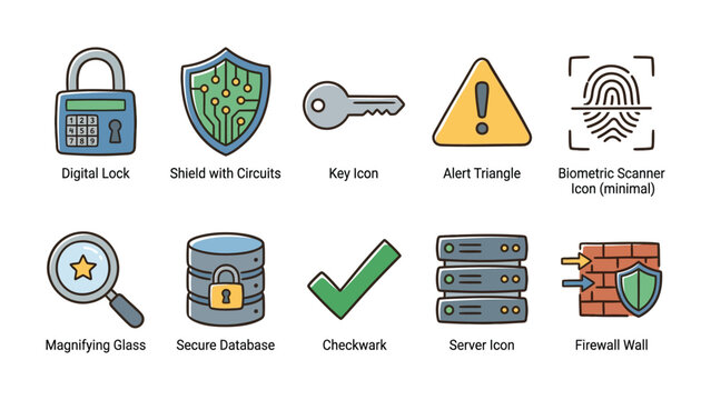 Cyber Security Elements: An array of digital safety elements, including a lock, shield, key, and fingerprint scanner, symbolizes protection and security. 