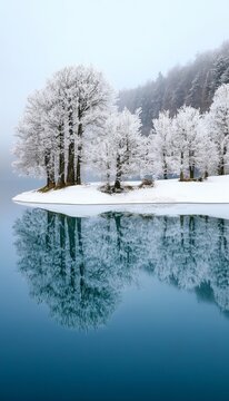 Stunning Winter Landscape with Snow-Covered Mountains and Reflective Alpine Lake at Twilight