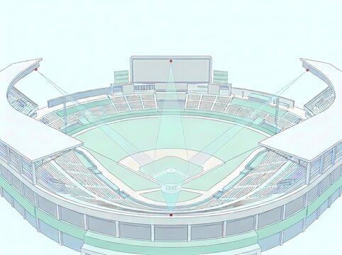 Technical diagram of a baseball stadium showing the camera placement and triangulation for an automated pitch tracking system.