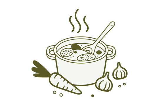 Steaming pot of vegetable soup with carrots and garlic in monochromatic line