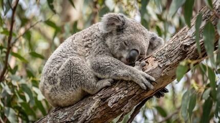 Fototapeta premium Cute Koala Sleeping Peacefully on Eucalyptus Tree Branch in Australia