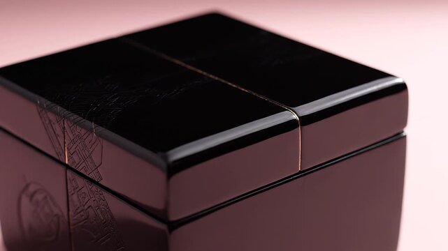 A high-end, glossy black lacquered box featuring intricate engraved patterns and a gold-lined seam