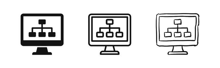 Fototapeta premium Computer Monitor with Flowchart Hierarchy Icon Set - Solid, Outline and Hand-Drawn Styles