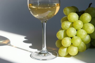 Obraz premium Glass of white Tibaani wine next to fresh green grapes on a table. This Georgian beverage is known for its crisp, dry taste. Perfect for aperitif or pairing with light meals.