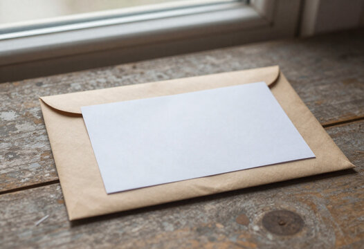 vintage brown envelope lies weathered wooden desk blank white label prominently displayed soft diffused light filtering