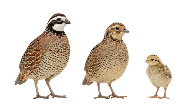 family of quails, adult and young quail birds
