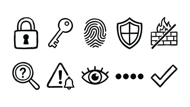 Digital Security Icons: A collection of concise icons symbolizes diverse facets of digital security and protection, including the concepts of safety, privacy and authentication.