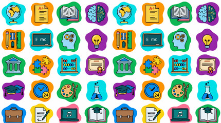Fototapeta premium Seamless Pattern of Education and Learning Icons on White Background