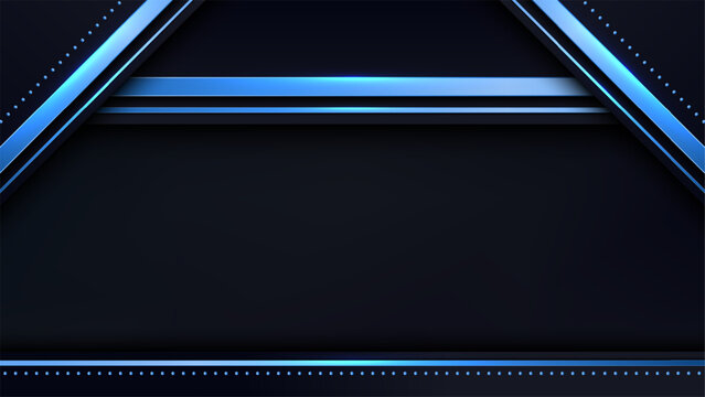 Abstract futuristic technology background with dark metallic layers and glowing neon blue geometric lines, modern digital corporate presentation
