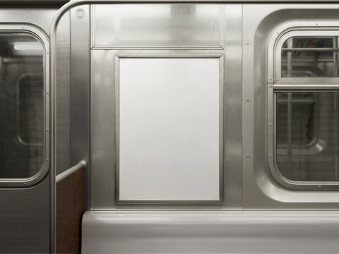 Blank White Poster with Metal Frame on Subway Train Interior. 3d rendering.