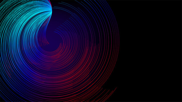 Abstract digital vortex of neon blue and crimson lines spiraling in dark space, modern technology and high speed data connection background