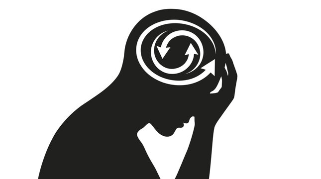 Person with hand on head and circular arrows in thought