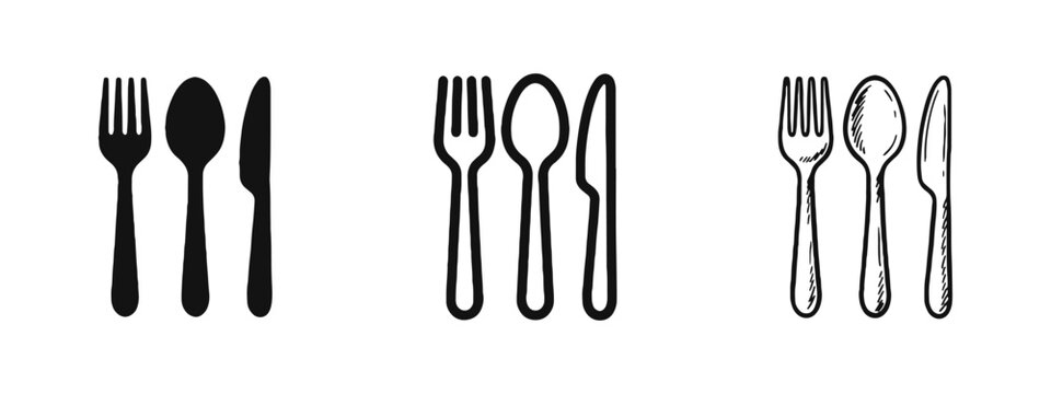 Cutlery Set Icons with Fork, Spoon and Knife for Restaurant, Dining and Kitchen Menu Design
