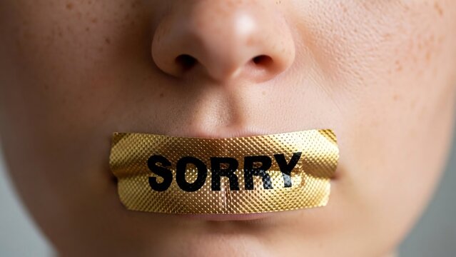 Close-up of a person with a gold foil badge covering their mouth with the word Sorry printed on it symbolizing apology or silence in communication and social interactions