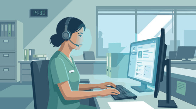 Professional nurse entering patient medical data into an electronic health record system on a digital tablet within a clinic, focusing on healthcare documentation and technology.