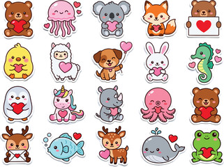Fototapeta premium Kawaii Animal Character Set Featuring Cute Animals with Hearts Like Bear, Koala, Bunny, Seahorse, and More for Kids, Nursery, and Valentine Illustrations