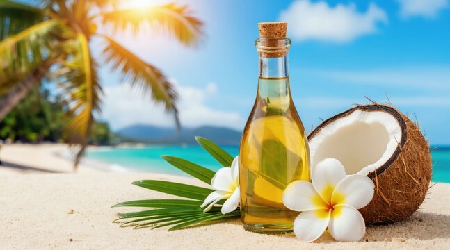 Bottle of yellow coconut oil sits on sandy beach next to split coconut. Tropical palm leaves and white flowers add to the serene ocean background with bright sun.
