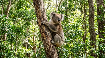 Fototapeta premium Koala climbing eucalyptus tree in lush Australian forest, wildlife nature