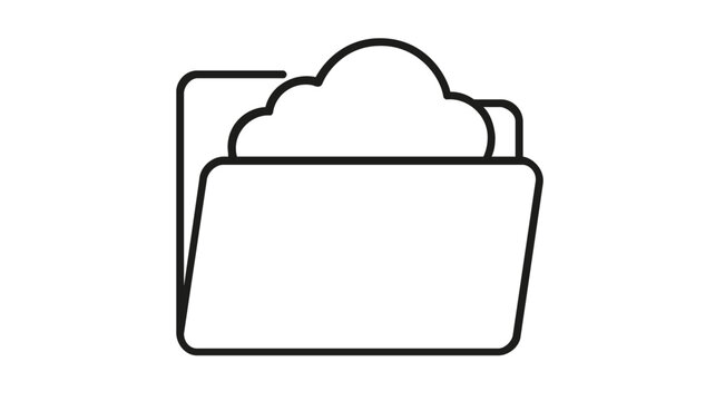 Cloud folder vector icon illustration featuring a minimalist line art design of a traditional file folder with a cloud symbol inside, representing cloud storage, data backup, and online hosting.