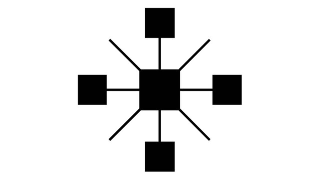 Minimalist microservices architecture vector icon illustration featuring a central hub connected to multiple small squares, ideal for cloud computing, devops, and network infrastructure.