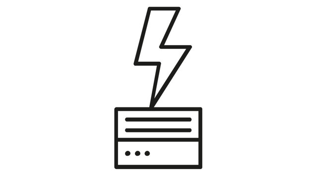 Minimalist vector icon illustration of a lightning bolt hitting a server rack, representing chaos engineering, system failure testing, devops reliability, and cloud infrastructure resilience.