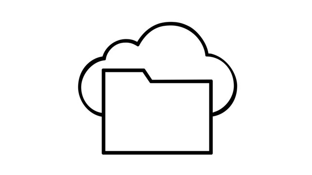 Minimalist cloud folder vector icon illustration featuring a clean black line art design of a file folder symbol positioned in front of a cloud, ideal for cloud storage and data backup concepts.
