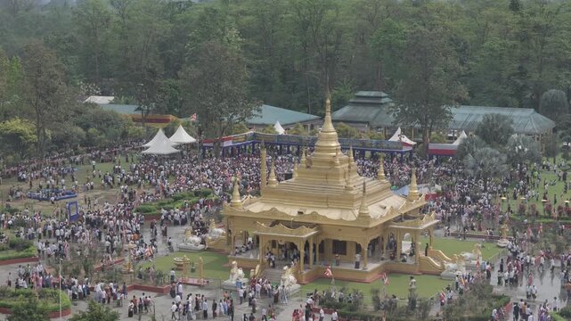 Aerial view of Sangken Water Festival celebrations at Golden Pagoda, Namsai, Arunachal Pradesh, India.