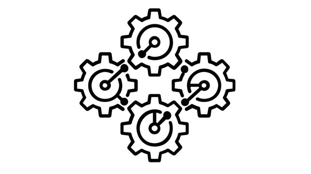 Corporate governance vector icon illustration showing four interlocking gears in a clean line art style, symbolizing business operations, synergy, teamwork, system integration, and efficiency.