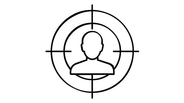 Minimalist vector icon illustration of a human profile avatar centered in a target crosshair, symbolizing customer segmentation, marketing focus, and user targeting for business and web design.