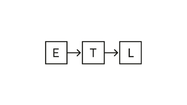Minimalist ETL process vector icon illustration featuring three connected boxes labeled E, T, and L representing extract, transform, and load data integration workflow in clean line art style.
