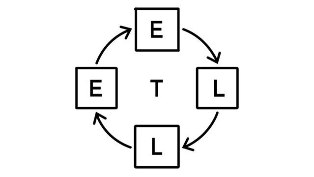 ETL Process Vector Icon Illustration Featuring Boxes Labeled E, T, and L in a Circular Workflow Diagram for Data Integration, Management, and Business Operations, Minimalist Line Art Style.