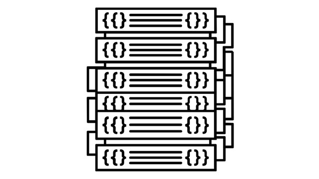 Minimalist vector illustration of a server rack icon composed of code brackets and lines, representing infrastructure as code, DevOps, cloud computing, and software development in a clean style.