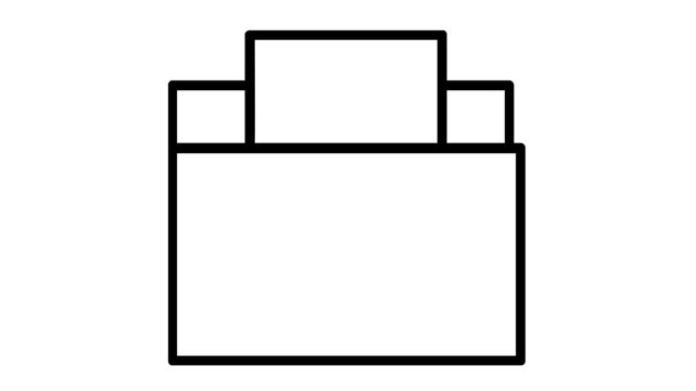 Minimalist vector illustration of an open business folder with a document inside, featuring clean black line art for office organization, file management, and professional proposal concepts.