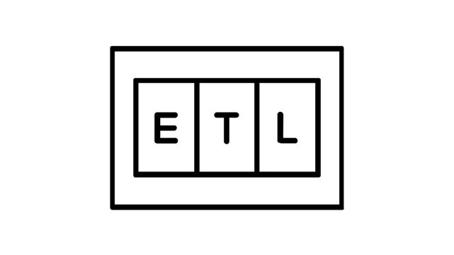 Minimalist ETL process vector icon illustration featuring three connected boxes labeled E, T, and L representing Extract, Transform, and Load operations in data engineering and business workflow.