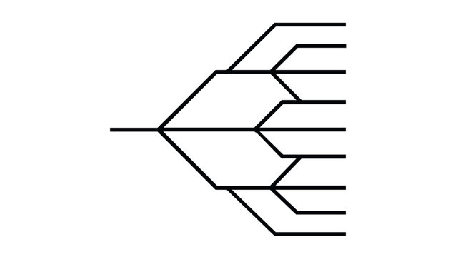 Process flow diagram vector icon illustration showing a series of connected geometric shapes representing a branching workflow, hierarchy, or decision tree in a clean minimalist flat style.