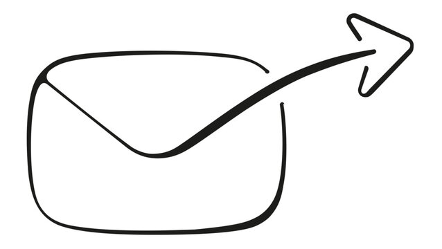 Minimalist hand-drawn vector illustration of an envelope with an arrow pointing out, symbolizing email marketing, sending messages, or digital communication. Clean black line art icon on white.