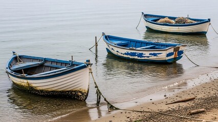 Obraz premium Serene coastal scene with three small boats anchored near the sandy shore on calm water during daytime perfect for maritime travel and relaxation themes