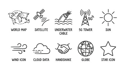 World of Communication and Connectivity: A set of interconnected line icons illustrates the modern world's reliance on technology, global networks, and essential elements.  © Juhhad