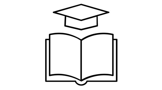 Minimalist vector icon illustration featuring a clean line art design of an open book with a graduation cap floating above, symbolizing education, academic training, and learning modules.