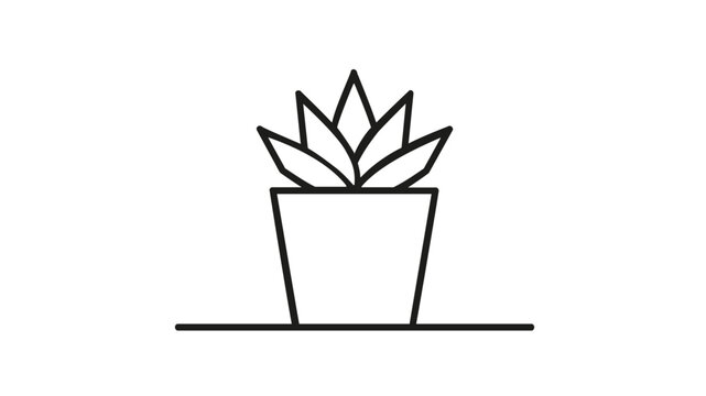 Minimalist vector icon illustration of a small potted succulent plant on a flat desk surface, featuring clean black line art and a simple modern aesthetic for home or office decor projects.